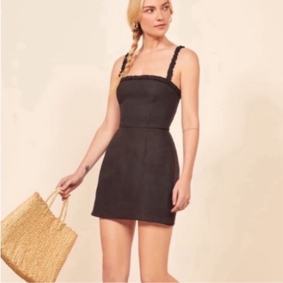 Reformation Janie Frilled-Trim Linen Black Mini Summer Dress Size 4 - Picture 3 of 11